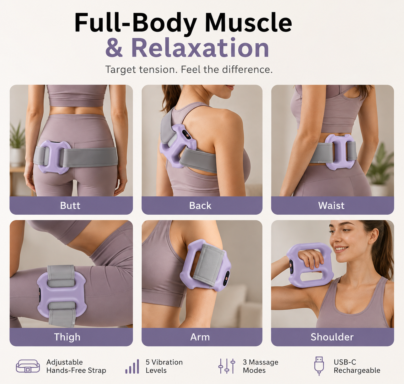 Vellmora Hands-Free Fascia Massager worn on the waist, back, glutes, thigh, arm and shoulder