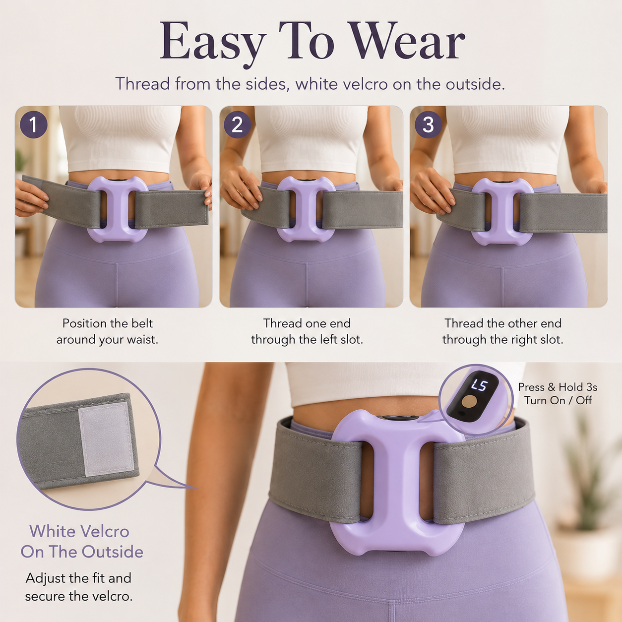Threading the adjustable strap through both sides and securing the velcro