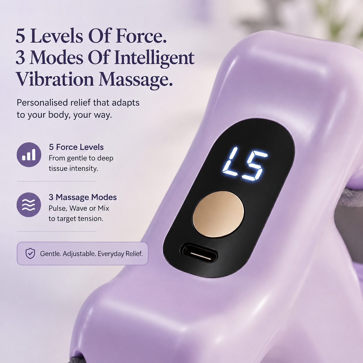 Five vibration intensity levels and three massage modes on the Vellmora Fascia Ring